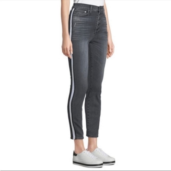 AO.LA Good High-Rise Exposed Button Fly Tuxedo Stripe Jean in Black Magic - Picture 1 of 9